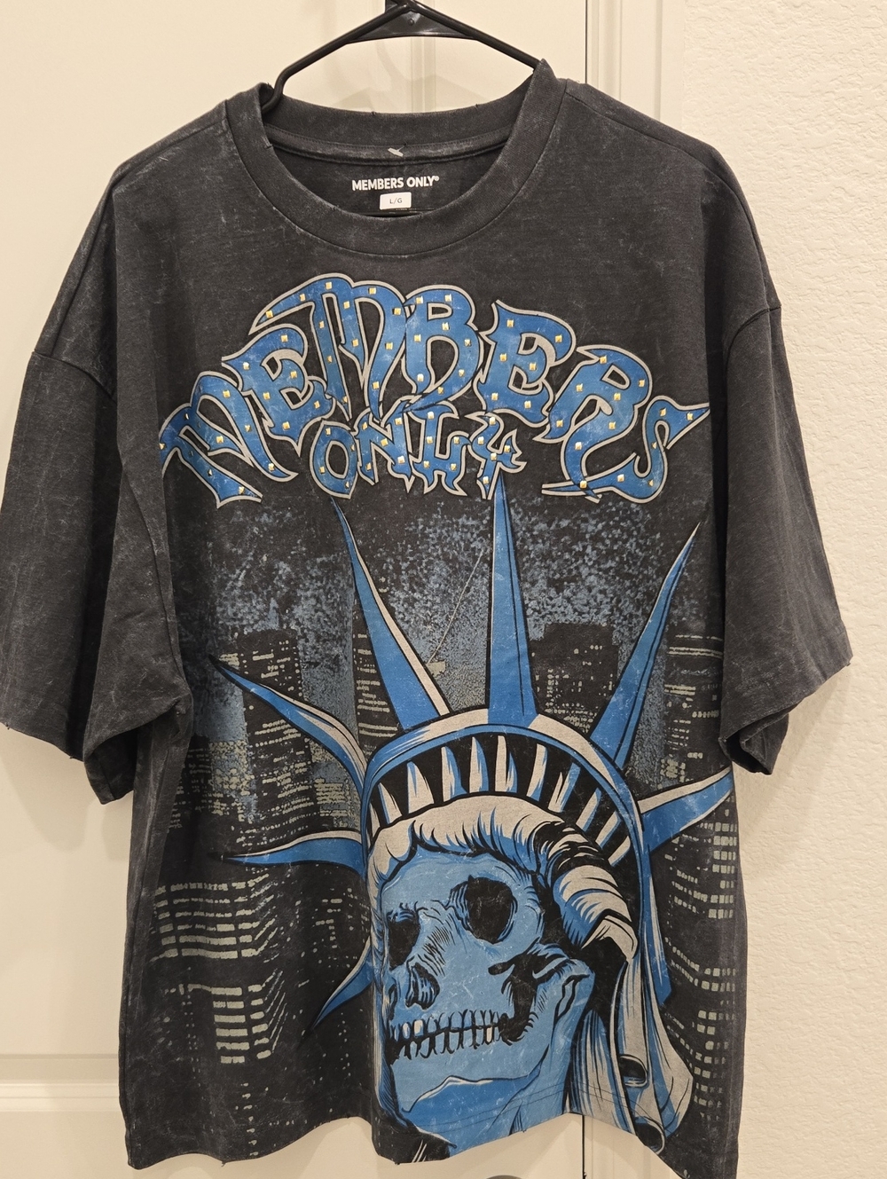 Members Only Black Tee with Blue Statue of Liberty Skull Graphic